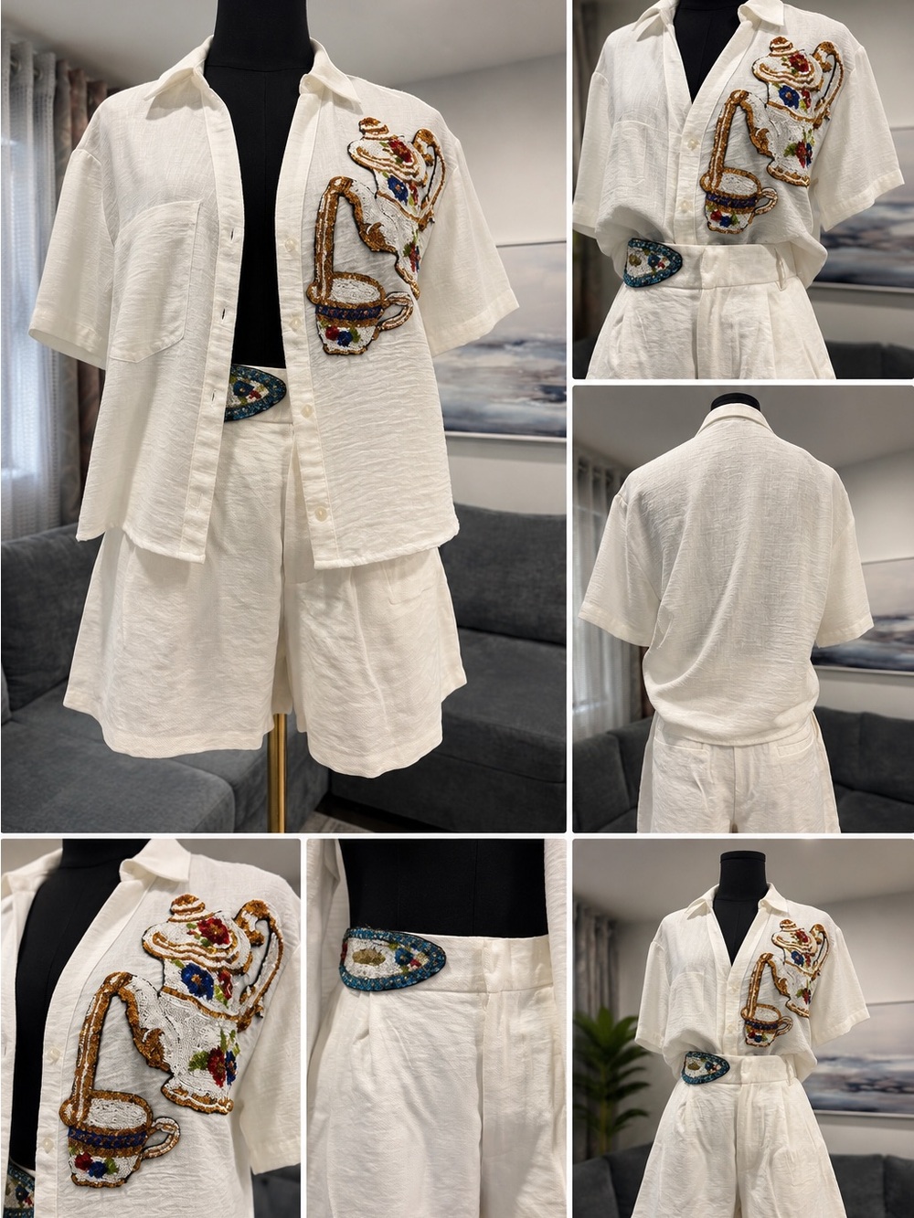 Embroidered Cream Short-Sleeve Linen Shirt with matching Shorts